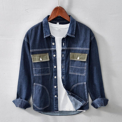 awakecrm Awakecrm Fashion Men's Personality Stitching Denim Shirt Jacket Japan Style Streetwear Casual Loose Tooling Multi-Pocket Lapel Coats