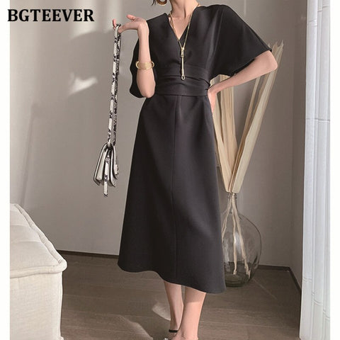Christmas Gift BGTEEVER Elegant V-neck Short SleBGTEeve Women Solid Dress Slim Waist Casual A-line Vestidos Femme  Summer Ladies Midi Dress