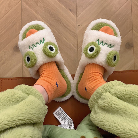 Winter Women Slipper Indoor Home Antiskid Cotton Slippers Frog Cartoon Cute Soft Bottom Warm Open Toe Plush Slippers Man