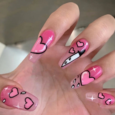 Joskka 24pcs Punk Black Frame Pink Love Pattern False Nails Heart Dagger Shape Design Long Coffin Fake Nails Tips Barbie Nail