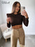 Awakecrm  O Neck Brown Long Sleeve Crop Top Women Basic Casual Autumn Winter Sexy T Shirts Black Ruched Streetwear Fashion