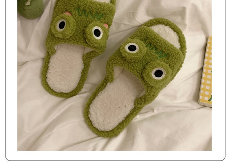 Winter Women Slipper Indoor Home Antiskid Cotton Slippers Frog Cartoon Cute Soft Bottom Warm Open Toe Plush Slippers Man
