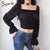 Syiwidii Belt Crop Tops Womens Blouse Ladies Long Puff  Sleeve Shirt White Black Tshirts SHORT Sexy Square Collar Lace Up