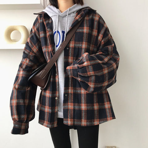 Awakecrm Flannel Oversized Shirt Long Sleeve Collared Boyfriend Plaid Blouse Fall Winter Women's Blouses & Shirts *