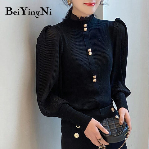 Awakecrm Christmas Gift Beiyingni Women's Turtleneck Sweaters Elegant Fashion Autumn Winter Knitwear Female Jumper Lantern Sleeve Buttons Pullovers Tops