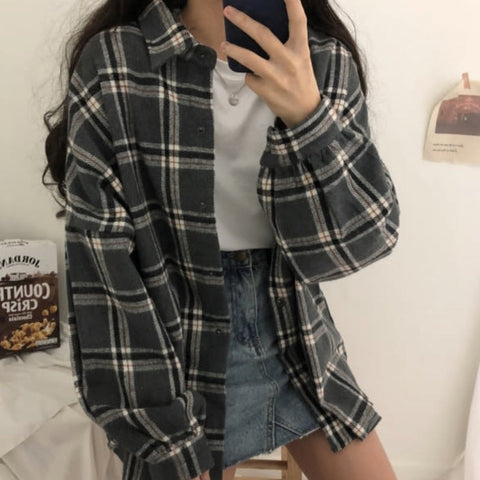 Awakecrm Flannel Oversized Shirt Long Sleeve Collared Boyfriend Plaid Blouse Fall Winter Women's Blouses & Shirts *