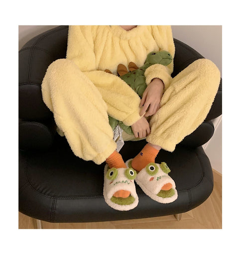 Winter Women Slipper Indoor Home Antiskid Cotton Slippers Frog Cartoon Cute Soft Bottom Warm Open Toe Plush Slippers Man
