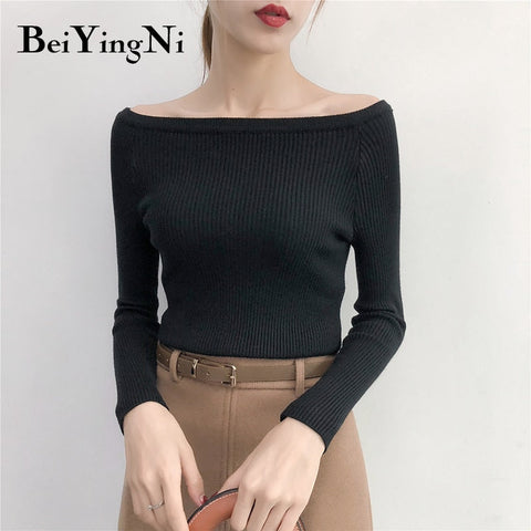 Awakecrm Christmas Gift Beiyingni Sexy Sweaters Womens Solid Slash Neck Tops Female Korean Streetwear Basic Sweater Ladies Pullover Autumn Winter Jumper