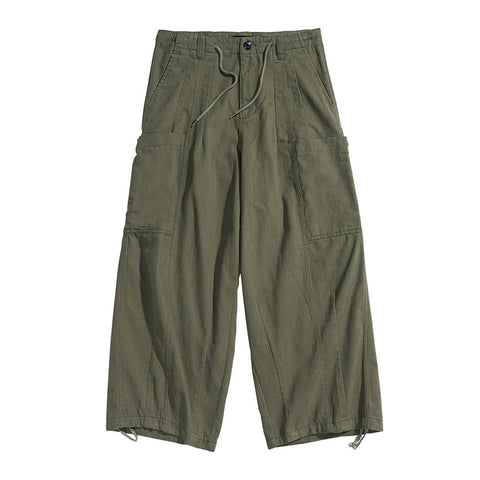 Multi-Pocket Cargo Pants Mens Safari Style Solid Color Casual Pants Loose Elastic Waist Wide Leg Pants Trousers Men