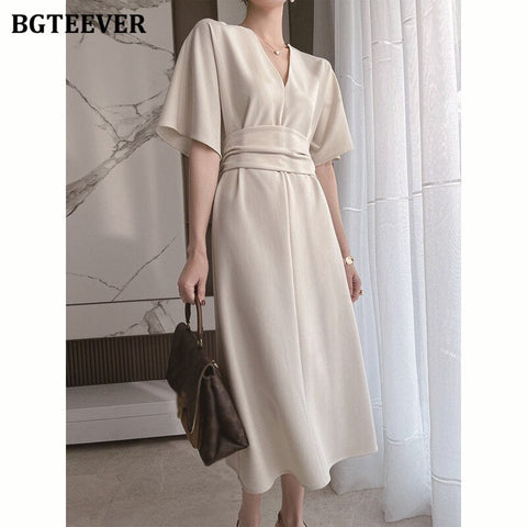 Christmas Gift BGTEEVER Elegant V-neck Short SleBGTEeve Women Solid Dress Slim Waist Casual A-line Vestidos Femme  Summer Ladies Midi Dress