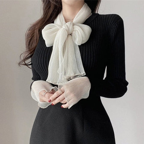 Awakecrm Christmas Gift French Style Ladies Knitted Tops Mujer  New Autumn Bowknot Silk Scarf Sweaters Women Strip Stitch Cuff Knit Pullovers