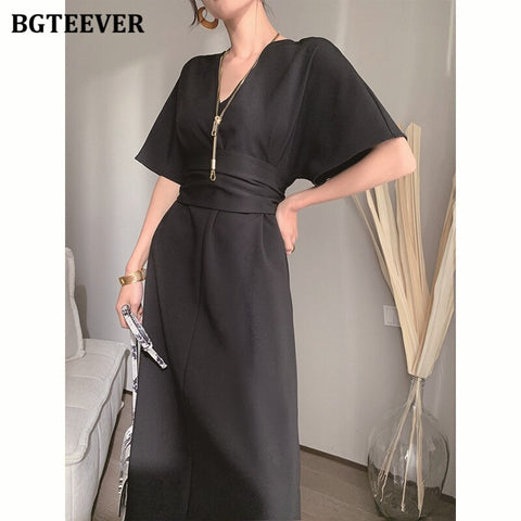 Christmas Gift BGTEEVER Elegant V-neck Short SleBGTEeve Women Solid Dress Slim Waist Casual A-line Vestidos Femme  Summer Ladies Midi Dress