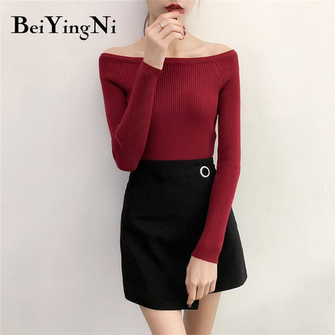 Awakecrm Christmas Gift Beiyingni Sexy Sweaters Womens Solid Slash Neck Tops Female Korean Streetwear Basic Sweater Ladies Pullover Autumn Winter Jumper