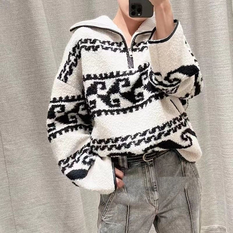 awakecrm Autumn Casual Pattern Print Plush Pullover Tops Men's Fashion Zipper Stand Collar Hoodies Men Long Sleeve Loose Streetwear