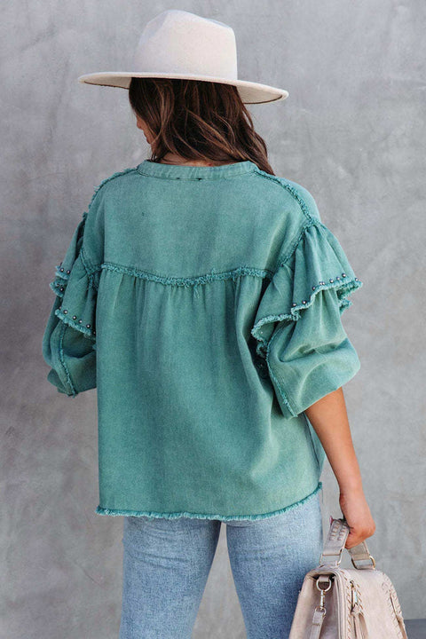 Awakecrm Lantern Sleeve Nail Bead Ruffled Denim Tops