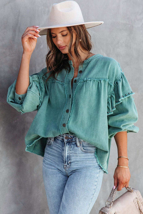 Awakecrm Lantern Sleeve Nail Bead Ruffled Denim Tops