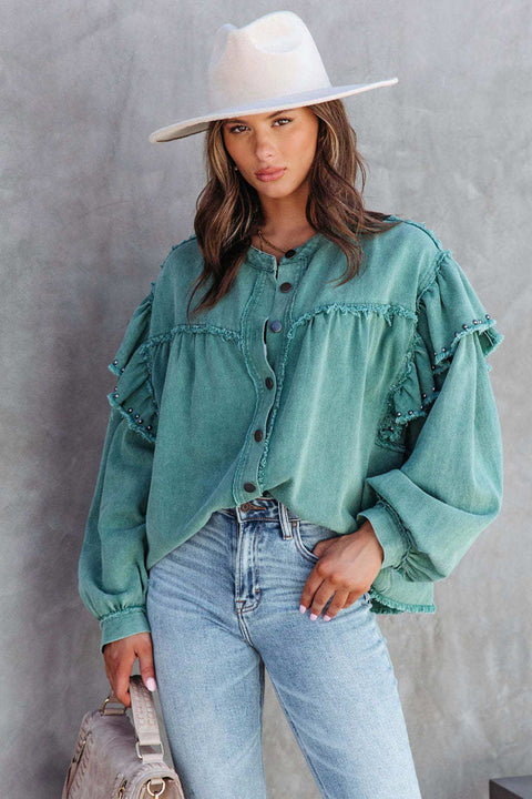 Awakecrm Lantern Sleeve Nail Bead Ruffled Denim Tops