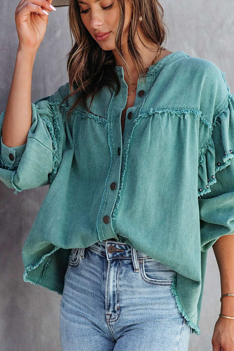 Awakecrm Lantern Sleeve Nail Bead Ruffled Denim Tops