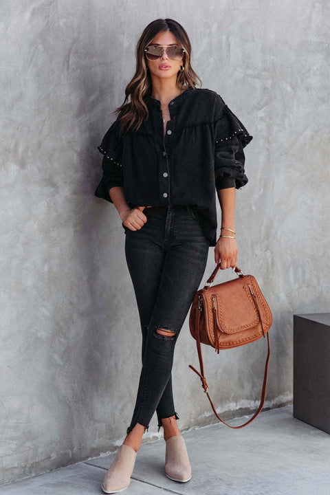 Awakecrm Lantern Sleeve Nail Bead Ruffled Denim Tops