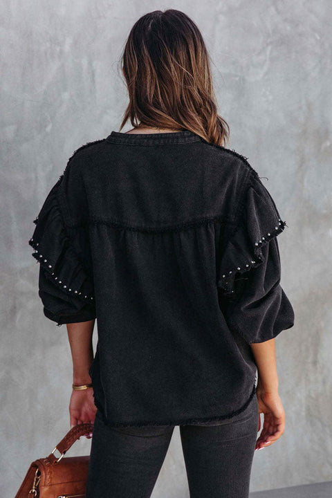 Awakecrm Lantern Sleeve Nail Bead Ruffled Denim Tops