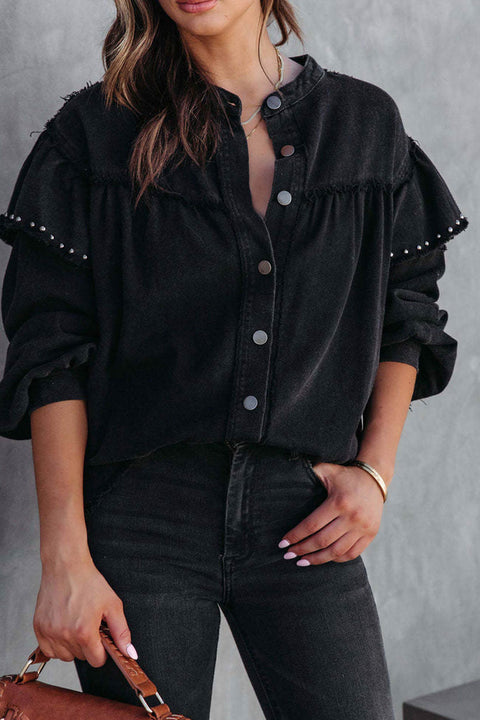 Awakecrm Lantern Sleeve Nail Bead Ruffled Denim Tops