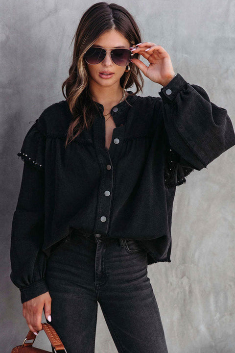 Awakecrm Lantern Sleeve Nail Bead Ruffled Denim Tops