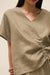 Awakecrm Linen V Neck Short Sleeve Drawstring T-shirt