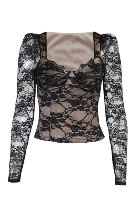 Awakecrm Mesh Lace Square Neck Tops