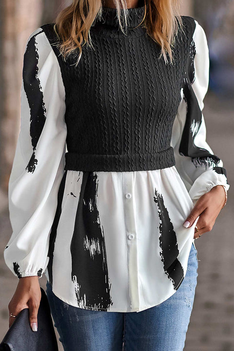 Awakecrm Mock Neck Knit Patchwork Shirt Tops
