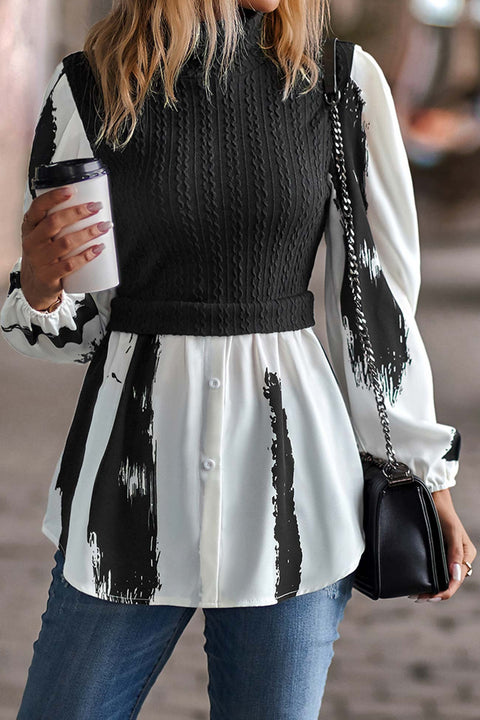 Awakecrm Mock Neck Knit Patchwork Shirt Tops