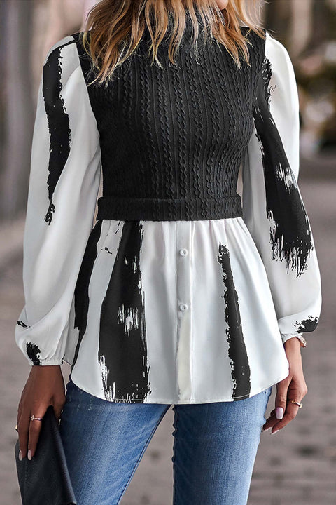 Awakecrm Mock Neck Knit Patchwork Shirt Tops