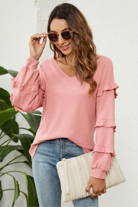 Awakecrm Puff Sleeve Ruffled Waffle Tops