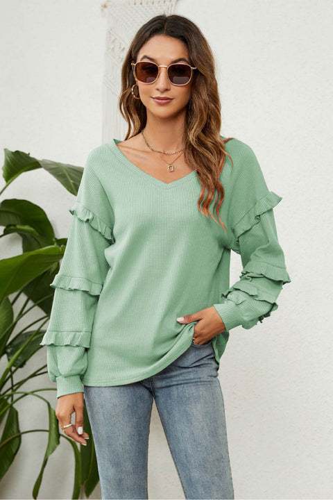 Awakecrm Puff Sleeve Ruffled Waffle Tops