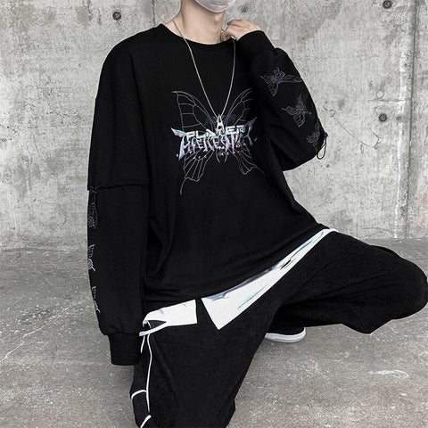 Dark Style Butterfly Graphic Men's Tshirt Spring New Long Sleeve Male T-shirt Casual Oversize Basic Unisex Clothing