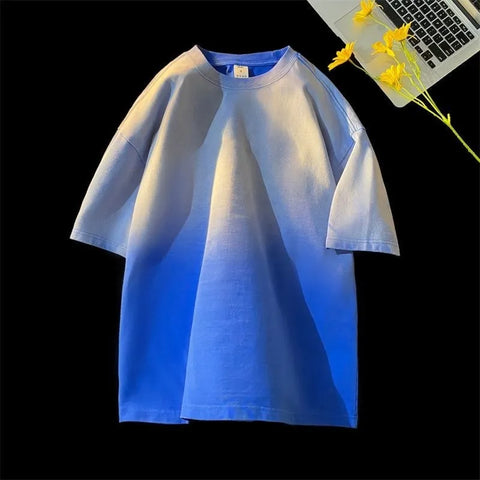 Streetwear Summer Cotton Gradient Men's Short Sleeve Tshirts Hip Hop Batik Acid Washed T-shirt Unisex Tees Clothes