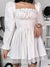 Awakecrm Sweet Cute White Dress Women Summer Puff Sleeve Slash Neck Mini Dress Vintage Bandage Lace Trim High Waist A Line Princess Dress