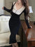 Joskka Vintage Elegant Knitted Dress Women Bodycon Black Korean Chic Midi Dress Female Long Sleeve Evening Party Dress Fall Outfits 2023