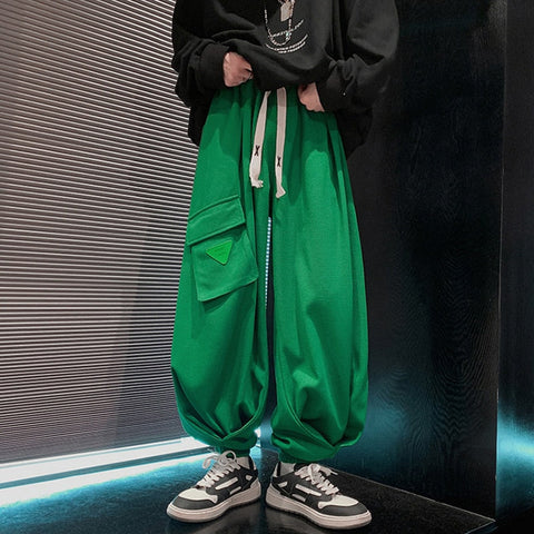 Green Waffle Lantern Pants Men Y2K Black Cargo Trousers Male Loose Casual Sweatpants Japanese Streetwear Hip Hop Pockets