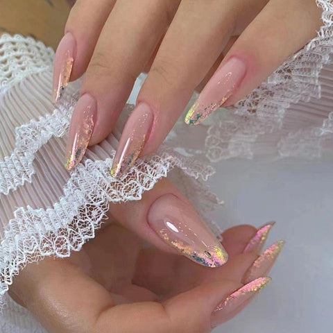 Nail Inspo  Summer 24pcs Almond False Nails French Leaf Glitter Line Simple Press On Nails  Summer Fresh New DIY Wearing Fake Nails