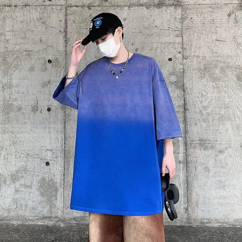 Streetwear Summer Cotton Gradient Men's Short Sleeve Tshirts Hip Hop Batik Acid Washed T-shirt Unisex Tees Clothes