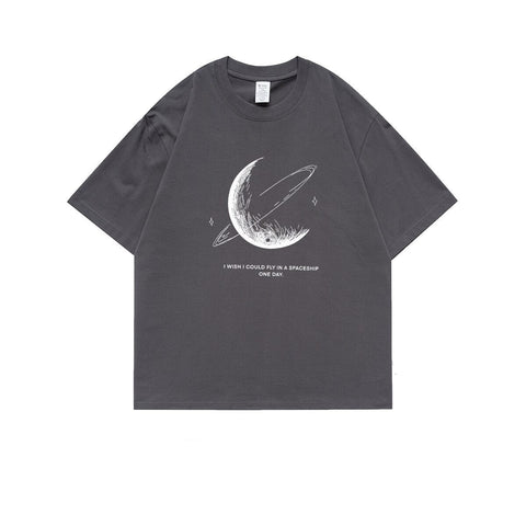 Simple Stroke Moon Graphic Men Tshirt Oversize Letter Print Short Sleeve T-shirt Cotton Male Streetwear Unisex Basic Tops