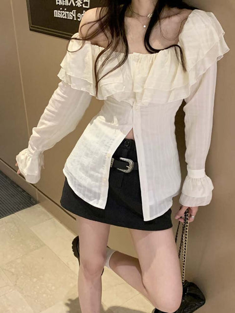 Joskka Korean Blouse Slash Neck Slim Chiffon Shirts Blusas De Mujer Ruffles Fashion Sweet Blouses Tops Femme Fall Outfits 2023