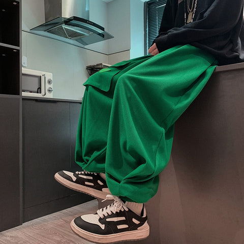 Green Waffle Lantern Pants Men Y2K Black Cargo Trousers Male Loose Casual Sweatpants Japanese Streetwear Hip Hop Pockets