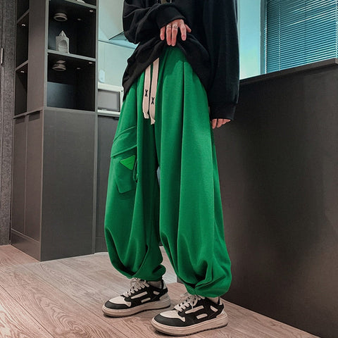 Green Waffle Lantern Pants Men Y2K Black Cargo Trousers Male Loose Casual Sweatpants Japanese Streetwear Hip Hop Pockets