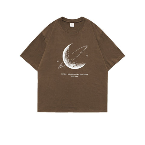 Simple Stroke Moon Graphic Men Tshirt Oversize Letter Print Short Sleeve T-shirt Cotton Male Streetwear Unisex Basic Tops