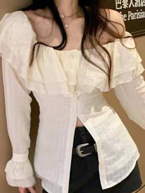 Joskka Korean Blouse Slash Neck Slim Chiffon Shirts Blusas De Mujer Ruffles Fashion Sweet Blouses Tops Femme Fall Outfits 2023