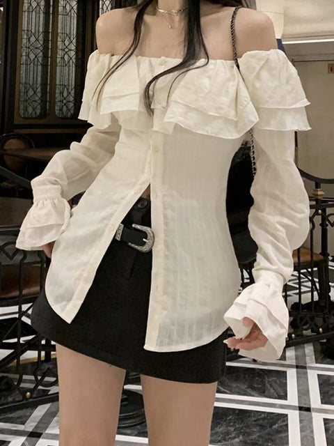 Joskka Korean Blouse Slash Neck Slim Chiffon Shirts Blusas De Mujer Ruffles Fashion Sweet Blouses Tops Femme Fall Outfits 2023