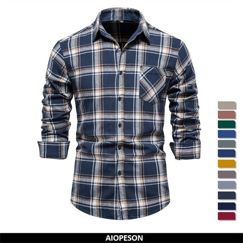 awakecrm AIOPESON Men Plaid Shirts 100% Cotton Washed Brushed Square Collar Checkered Shirts Male Autumn Slim Fit Fashion Shirts for Men