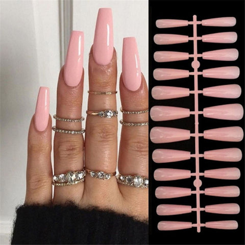 Joskka 24Pcs Marble Gradient Long Coffin False Nails Detachable Wearable Gold Foil Ballerina Fake Nails Full Cover Nail Tips Press Glue