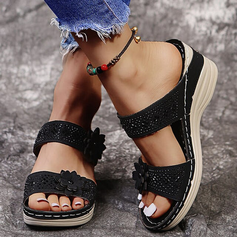 Awakecrm Crystal Wedge Slippers Women Summer  Fashion Flower Platform Sandals Woman Plus Size 43 Thick Bottom Beach Shoes Flip Flops